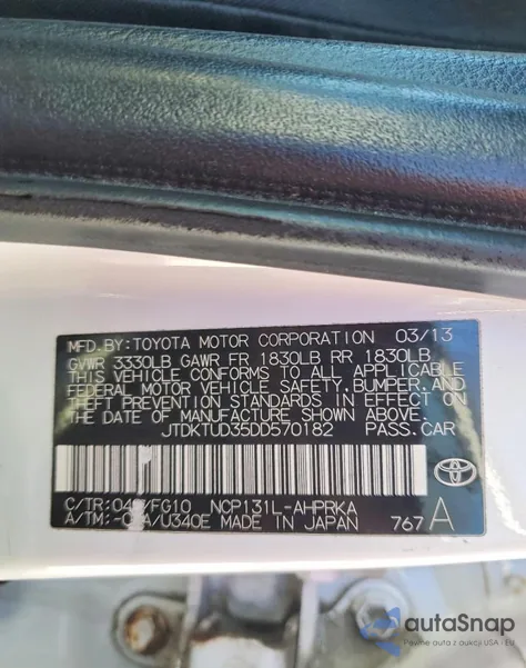 2013 Toyota Yaris из США, поврежденный, VIN JTDKTUD35DD570182